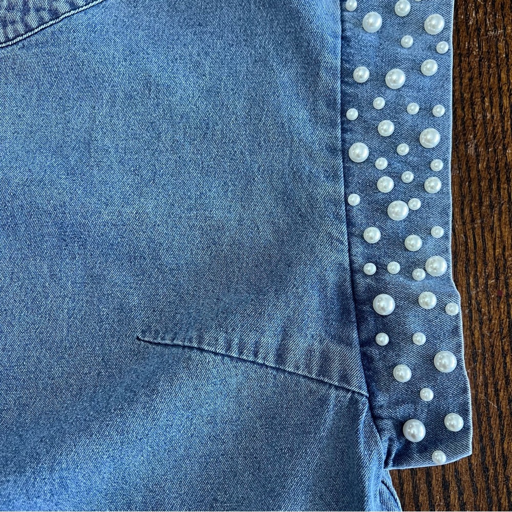 NWT Bibi Pearl Next Door Denim Dress Pearl Cap Sleeve Pockets Size Small Chic - Picture 8 of 11